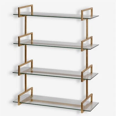 Antiqued Gold Leaf Iron Wall Shelf – Uttermost Auley 4038 with Glass Shelves - Image 1 of 3