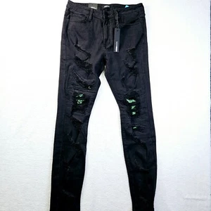 Fashion Nova Men Stacked Skinny Jeans Mens 32 Waist Black Denim Distressed tags - Picture 1 of 21