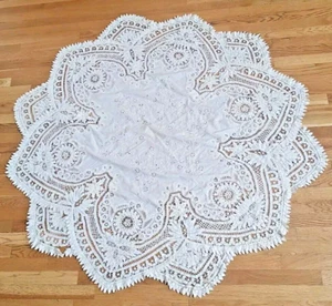 Antique Round Battenburg Shaw Ecru Off White Lace Cotton Hand Made 60” - Picture 1 of 10