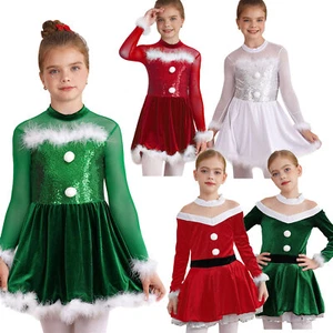Kids Girls Velvet Christmas Figure Ice Skating Dress Santa Claus Party Costume - Picture 1 of 76