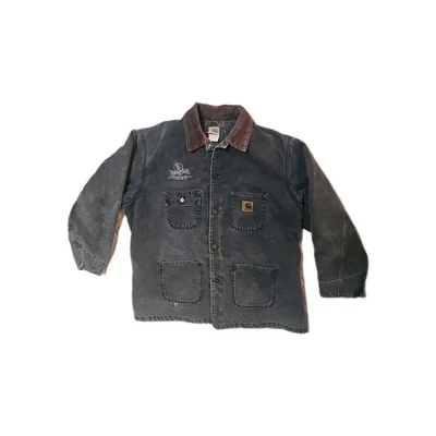 Men's XL Carhartt Jacket Blanket-Lined Black Denim Embroidered w Cornwell Tools - Image 1 of 4