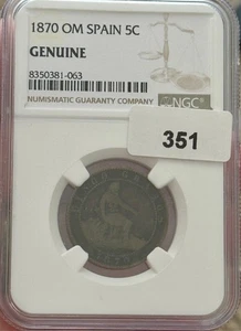 NGC Spain 5 Centimos 1870-OM Provisional Government Bronze #8350381-063 - Picture 1 of 4