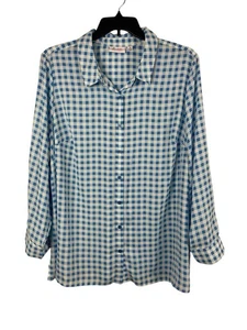 Denim & Co. 3X blau weiß Gingham Karo Knopfleiste Langarm Oberteil Büro - Bild 1 von 13