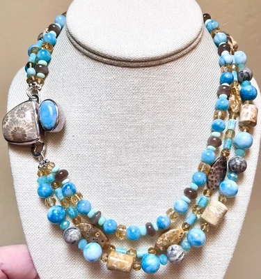 GORGEOUS Sterling Silver Larimar, Aquamarine, Coral, Citrine 3 Strand Necklace - Image 1 of 4