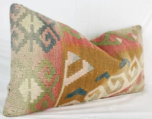 Decorative Turkish Kilim Lumbar Pillow Cover 12x24 Brown Pink Blue Kilim Cushion - Picture 1 of 9