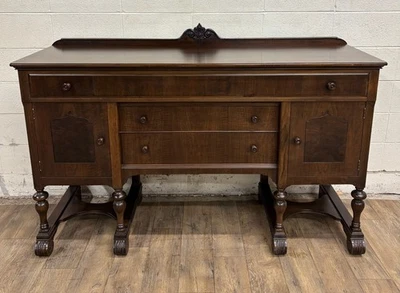 Vintage Jacobean Tudor Style Carved Burled Oak Sideboard Buffet Server Console - Image 1 of 4