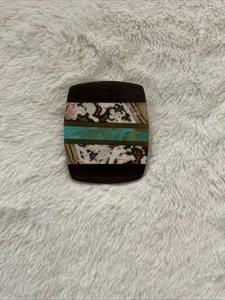 Vintage Trinity? Inlaid Wood Turquoise Brass Belt Buckle - Picture 1 of 5