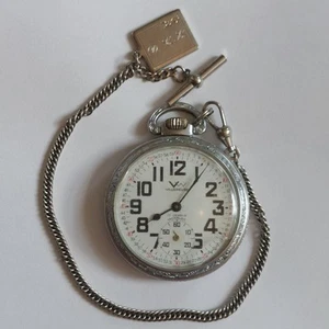 Vintage Villereuse 17j Mens Stainless Steel Pocket Watch Railroad Case Runs - Picture 1 of 9