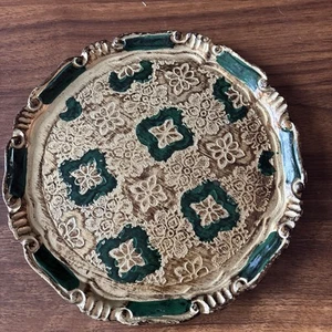 Vintage Italian Florentine Green & Gold Tray Round Scalloped Edge 9" - Picture 1 of 5