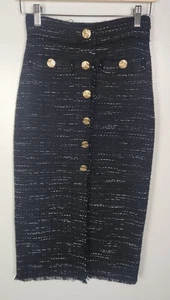 Zara Women's Sz. XS Black & White Tweed Midi Skirt W/ Gold Buttons - Picture 1 of 5