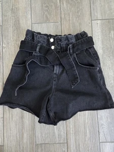 Zara Denim Shorts Damen Gr. 4 Schwarz Paperbag Hoch geschnitten Gürtel Baumwolle Freizeit - Bild 1 von 6