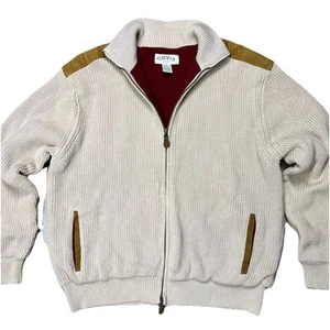 Orvis Sweater Cable Knit Full Zip Suede Trim Lined Fisherman Beige Men's XL - Picture 1 of 3