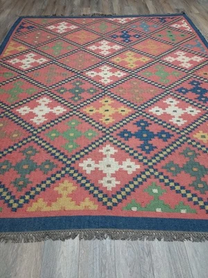Alfombra turca geométrica de Anatolia, alfombra turca Kilim tejido plano hecha a mano, 8x10 pies Foto 1 de 4