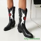 Womens Cowgirls Chunky Heel Embroidery Mid Calf Boots Retro Shoes New 46/47/48