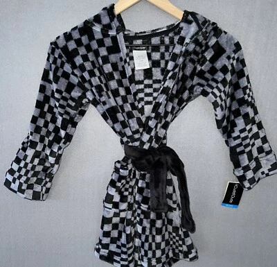 Cuddl Duds Boys Gray & Black Check Robe Size S 4/6 Hood Belt Pockets NWT - Image 1 of 4