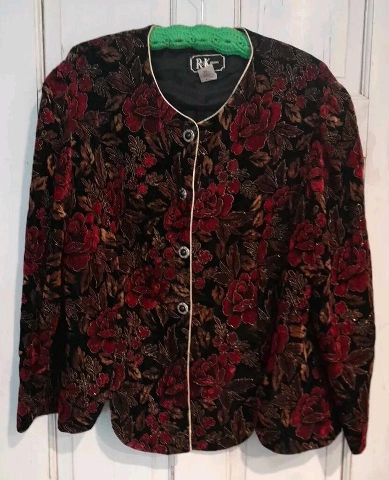 R&K Evenings 黑色天鹅绒西装外套带红玫瑰 20 码复古美国制造  — 第 1/4 张图片