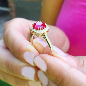14k Yellow Gold Round Cut Ruby And Diamond Bridal Halo Deco Ring Prong 2.65ctw - Picture 1 of 11