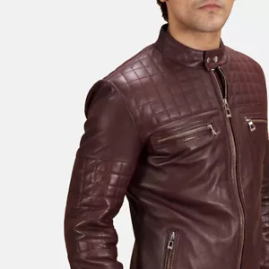 Mens Quilted Maroon Biker Leather Jacket Real Lambskin Leather Hand Made - Picture 1 of 7