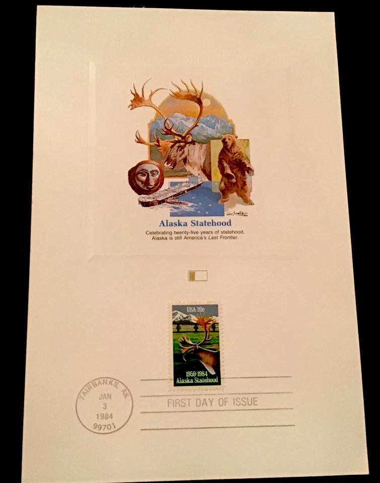 ALASKA STATEHOOD 1959-1984 STAMP W/ POSTCARD ~FIRST DAY OF  ISSUE! - Image 1 of 3