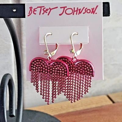 Betsey Johnson- Heart- Fringe/ Dangle/ Leverback Earrings- Deep Pink- NWT- $35 - Image 1 of 3