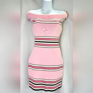 Super Down Womens Bodycon Dress Size M Pink Black Stripe Slinky Sexy Preppy - Picture 1 of 8