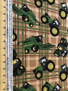 2015 John Deere Tractors On Plaid 32” X 44” 100% cotton fabric #1416 - Picture 1 of 2