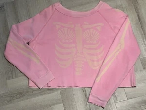 Wildfox, Pink Cropped And Slightly Distressed Sweatshirt With Skeleton Print L - Picture 1 of 2