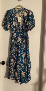 Women NWT "Knox Rose" blue colored pattern,wrap layered dress. Size Med. - Picture 1 of 2