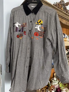 Vintage VJ Woman Halloween Collared Button Front Shirt Sz 22 Ghost Black Cats - Picture 1 of 8