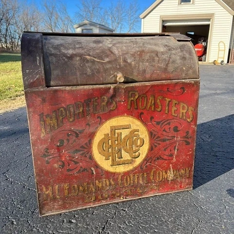 Antique 1900s Edmands Coffee Co. General Store Advertising Tin Bin Sign Boston Cover