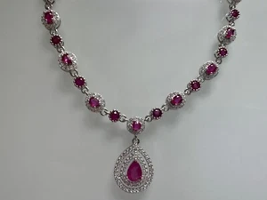 925 Sterling Silver Ruby 6x4mm Natural Gemstone Chain Necklace 17" - Picture 1 of 6