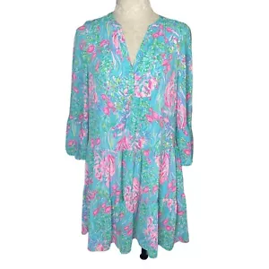 Lilly Pulitzer Gabriel Dress Size 0 Amalfi Fish Blue Pink Bell Sleeve Tiered Mod - Picture 1 of 24