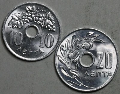 1959 Greece 10 Lepta & 20 Lepta GEM BU Grapes & Olives Coins (22052404R) - Image 1 of 2