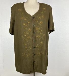 Fashion Bug Top Size 18/20W Embroidered Brown Mock Button Up Pullover V-neck - Picture 1 of 7