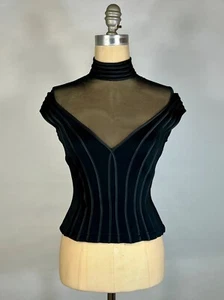 Vintage 1990's TADASHI SHOJI goth black mesh net cage ribbed bodice top sz XS/S - Picture 1 of 15
