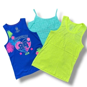 Set of 3 Girls Tank Tops Sleeveless Neon Yellow Blue Tropical Teal Lace Large - Picture 1 of 11