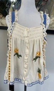 Anthropologie Ruffled Pineapple Top Womans Small Embroidered Sleeveless Milkmaid - Bild 1 von 18