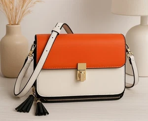 Bandolera Bloque de Colores - Naranja, Blanco y Negro - Dorado Bloqueo Giratorio y Borlas - Imagen 1 de 15