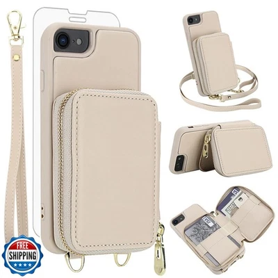 iPhone 6/6s/7/8/SE Wallet Case with Screen Protector, RFID, Crossbody Beige - Image 1 of 4