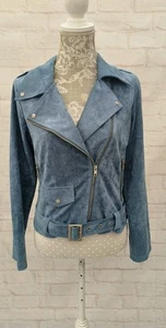 Giacca donna glamour taglia 10 blu ecopelle scamosciata biker zip cintura colletto lungo sl - Foto 1 di 16
