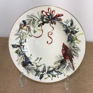 Lenox China Red Cardinal Wreath Winter Greetings 9" Rimmed Soup/Pasta Bowl USA - Picture 1 of 4