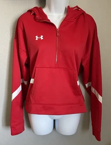 Under Armour Cropped Hoodie Sweater Womens Large Red White Fleece Storm Fleece - Picture 1 of 12