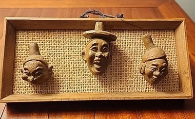 Terracotta Korean Heads Vintage 1930s-1940's Lot Of 3 Secured On Frame HTF - Image 1 of 4