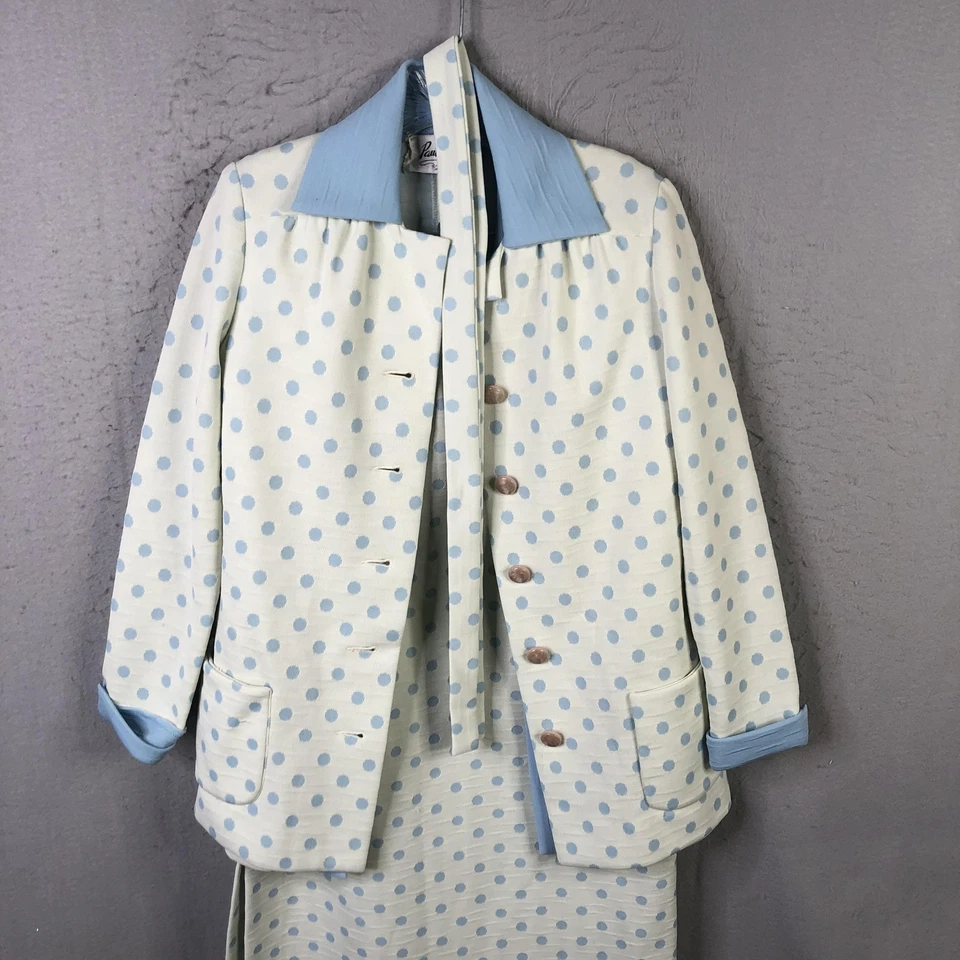 Vintage Paula Brooks 3 Piece Skirt Suit Set Womens 12 Blue White Polka Dot 70s - Image 1 of 4