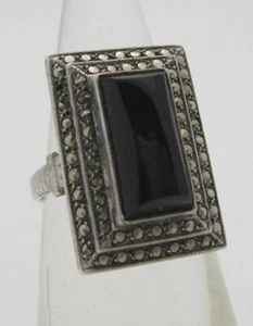 RARE VINTAGE NOVEAU ART-DECO ESTATE ONYX & MARCASITE STERLING SILVER RING, 4.25 - Picture 1 of 8