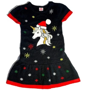 Unicorn Christmas Black Holiday Sweater Dress Girls XS 4-5 Sparkly Snowflakes - Picture 1 of 4