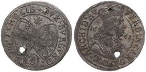 Austria - Austria Tirol 3 Kreuzer 1661 - Silver, 1.67g, Ø 22mm UC #70 Hole - Picture 1 of 1
