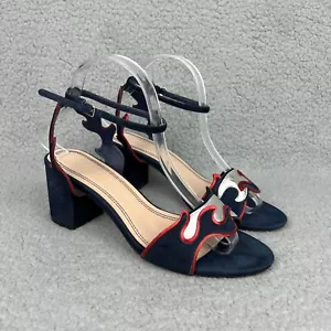 Sandro Paris Sandals Womens 8 EU 39 Shoes Navy Blue Red Suede Flames Heels Strap - Picture 1 of 12