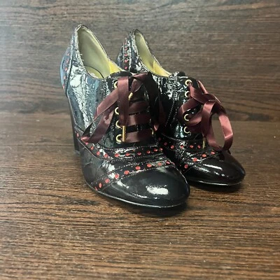 Hale Bob Womens US 7M Black Patent Leather Almond Toe Lace-Up Block Heeled Shoes - Image 1 of 4