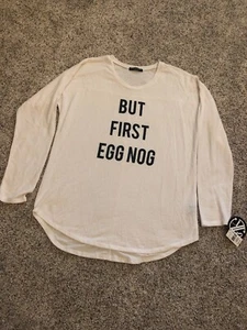 New RECYCLED KARMA Ladies Large But First Eggnog Holiday Christmas Sweater Party - Picture 1 of 4